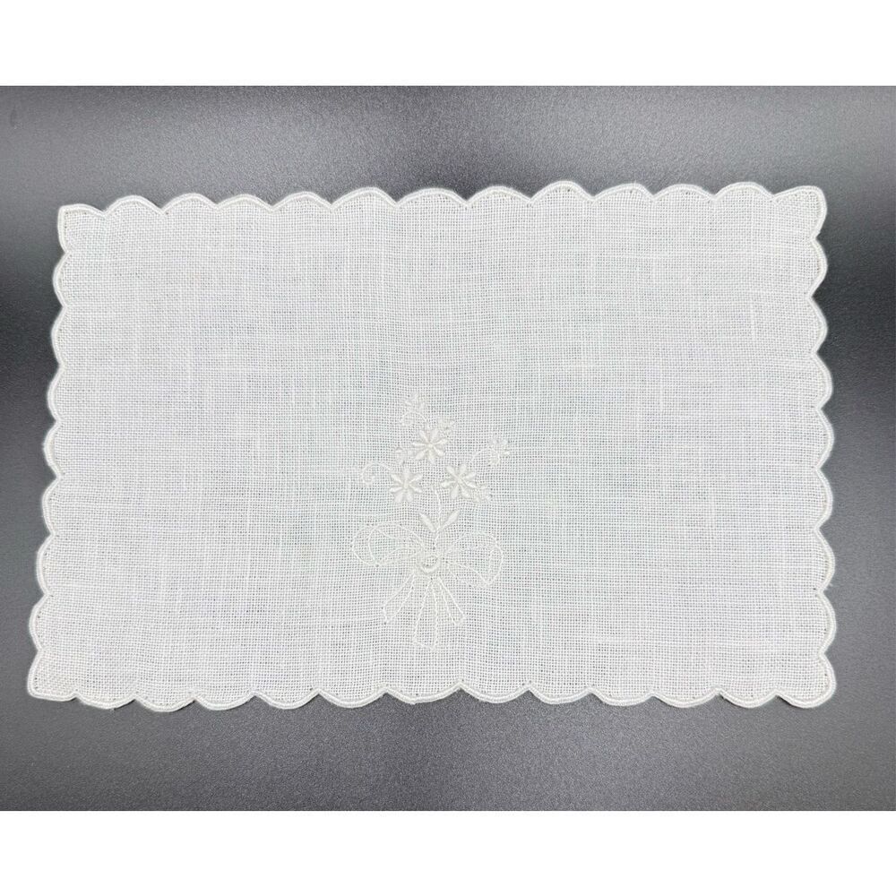 Linen Cocktail Napkins Set of 6 White On White Floral Embroidery 5.5” X 8”